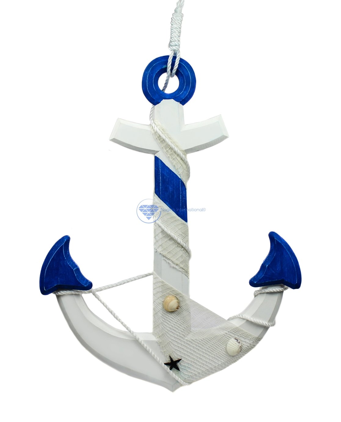 Nagina International 24" Nautical Handcrafted Distressed Wooden Wall Decor White Blue Anchor with Fishing Nets Sea Shells & Rope | Maritime Nautical Decor