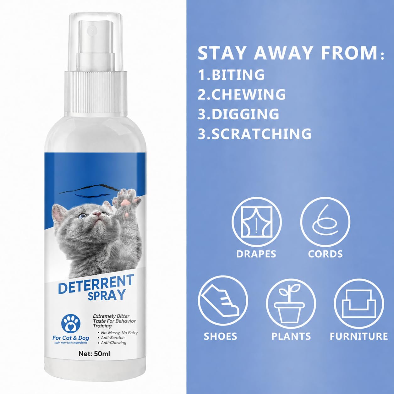 Katzenabwehrspray, kratzschutz Sofa Katze, Nicht Reizend und Rückstandsfrei, Für den Innen- und Außenbereich Geeignet, 50ML