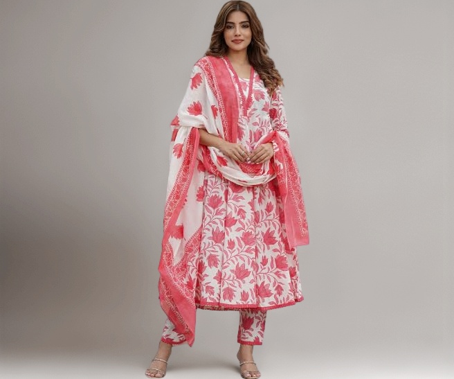 5. PARTHVI Women's Printed Anarkali Kurta With Palazzo & Dupatta Set
