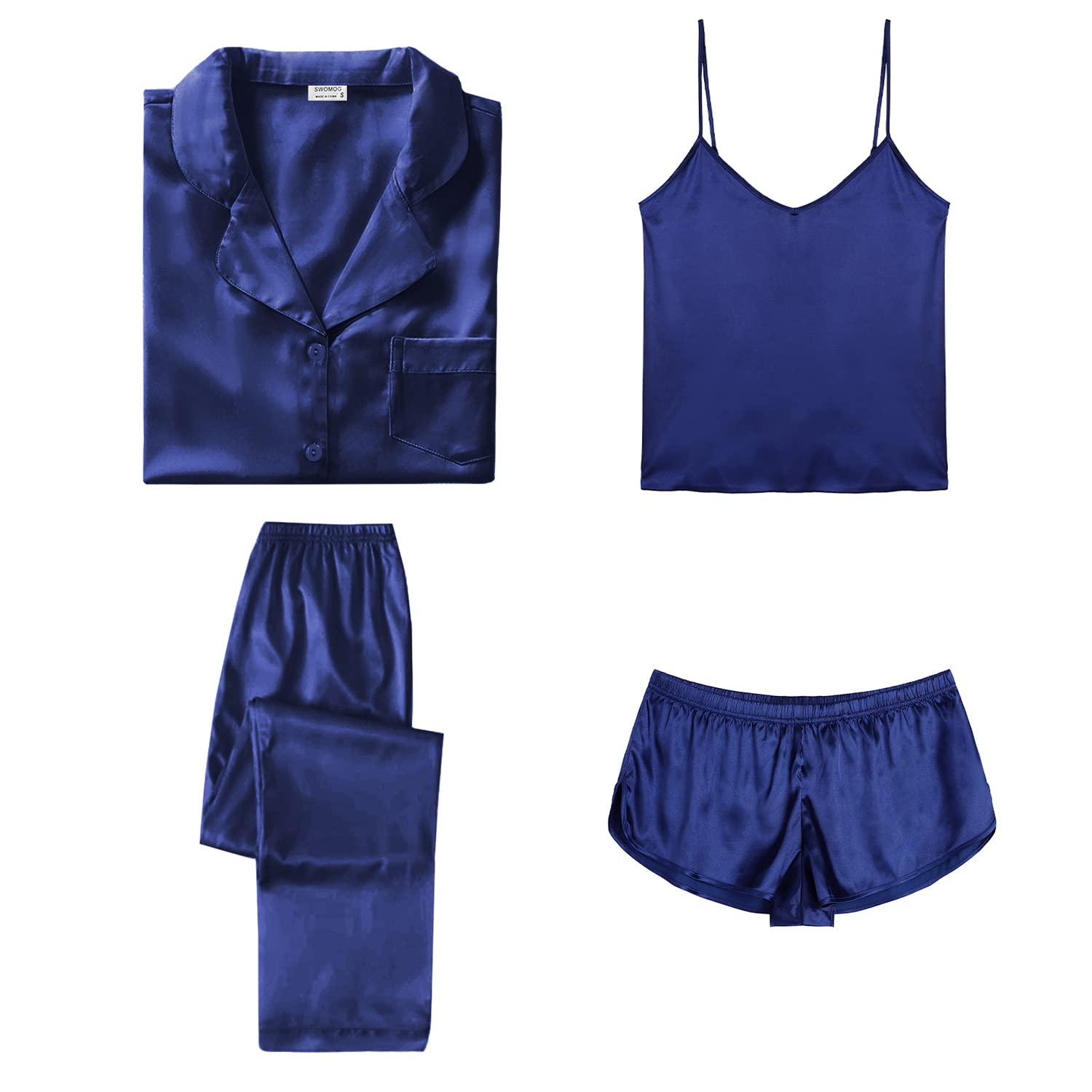 SWOMOG Womens Silk Satin Pajamas Sets 4pcs Sleepwear Sexy Cami Shorts Set and Button Down Short Sleeve Pjs Loungewear