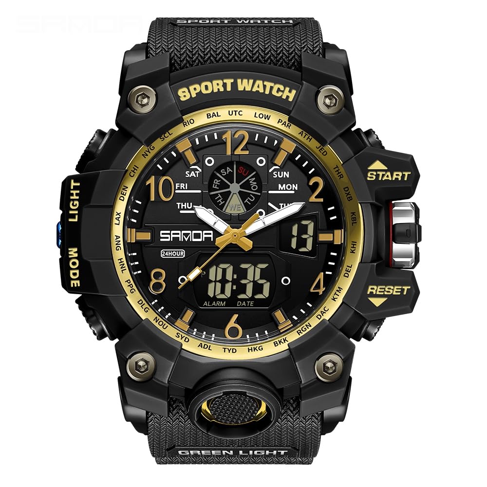 AIMES Men's Watches Outdoor Sports Waterproof Military Watch Tactical Digital Analog Wrist Watch Date Multi Function Led Large Face Alarm Stopwatch for Man black gold-3169
