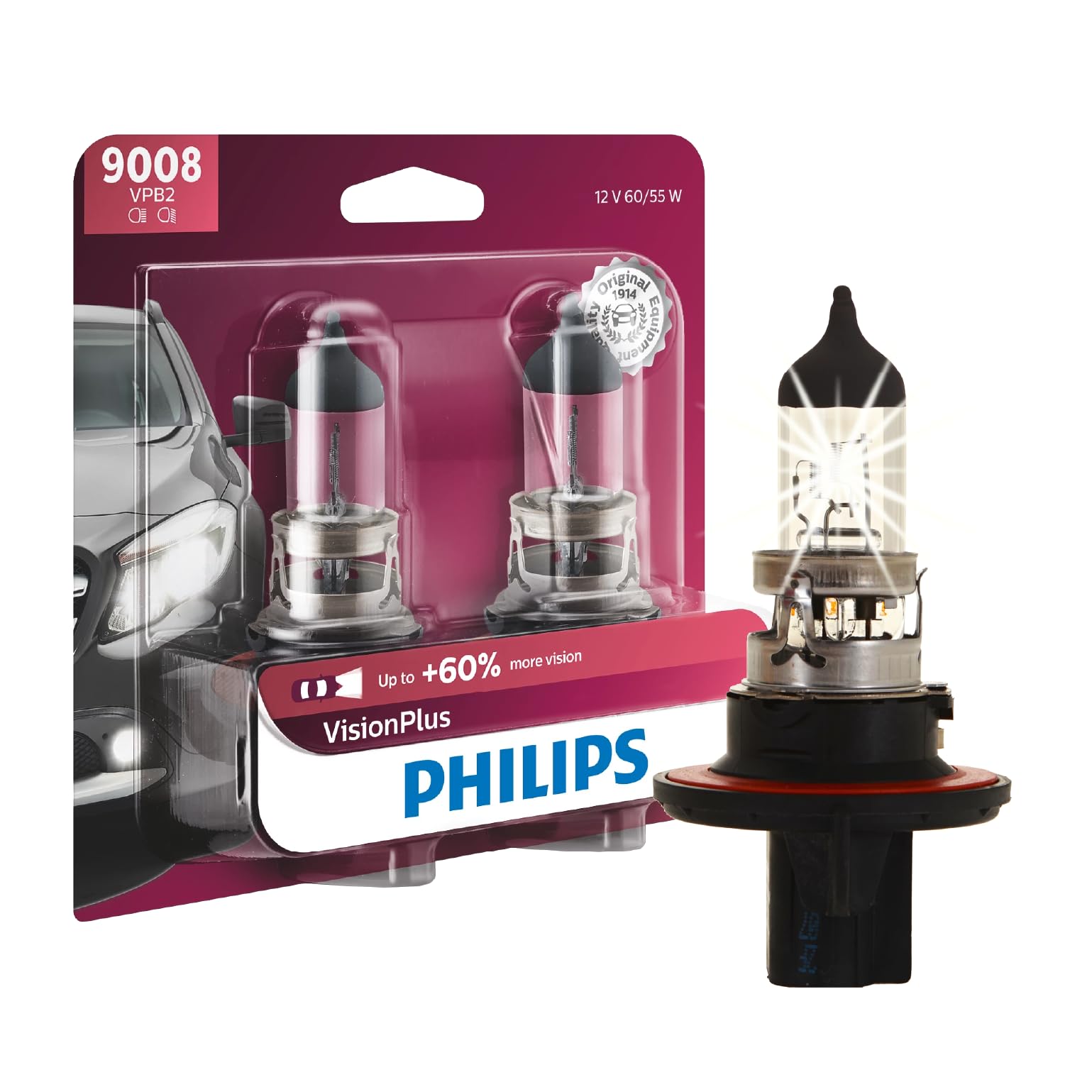 Philips Automotive Lighting 9008 / H13 VisionPlus Deluxe Upgrade Automotive Replacement Headlight Bulb, Fits Select High Beam, Low Beam, or Fog Positions (Pack of 2)