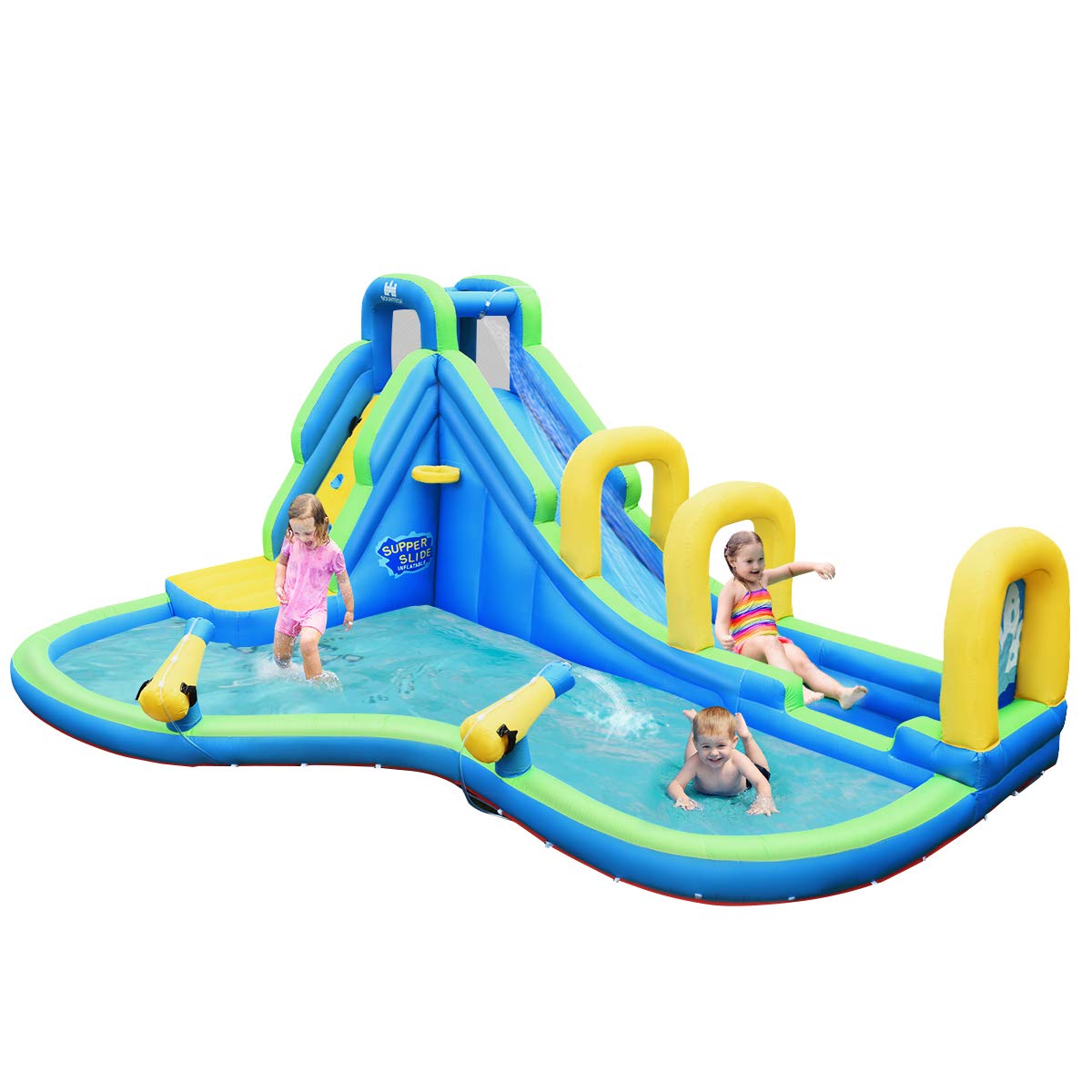 RELAX4LIFE Castillo Hinchable con Pared de Escalada, Tobogán, Piscina Infantil y Cañón de Agua, Parque Acuático con Bolsa de Transporte, Kit de Reparación y Manguera, 477,5x366x242,5cm, Azul