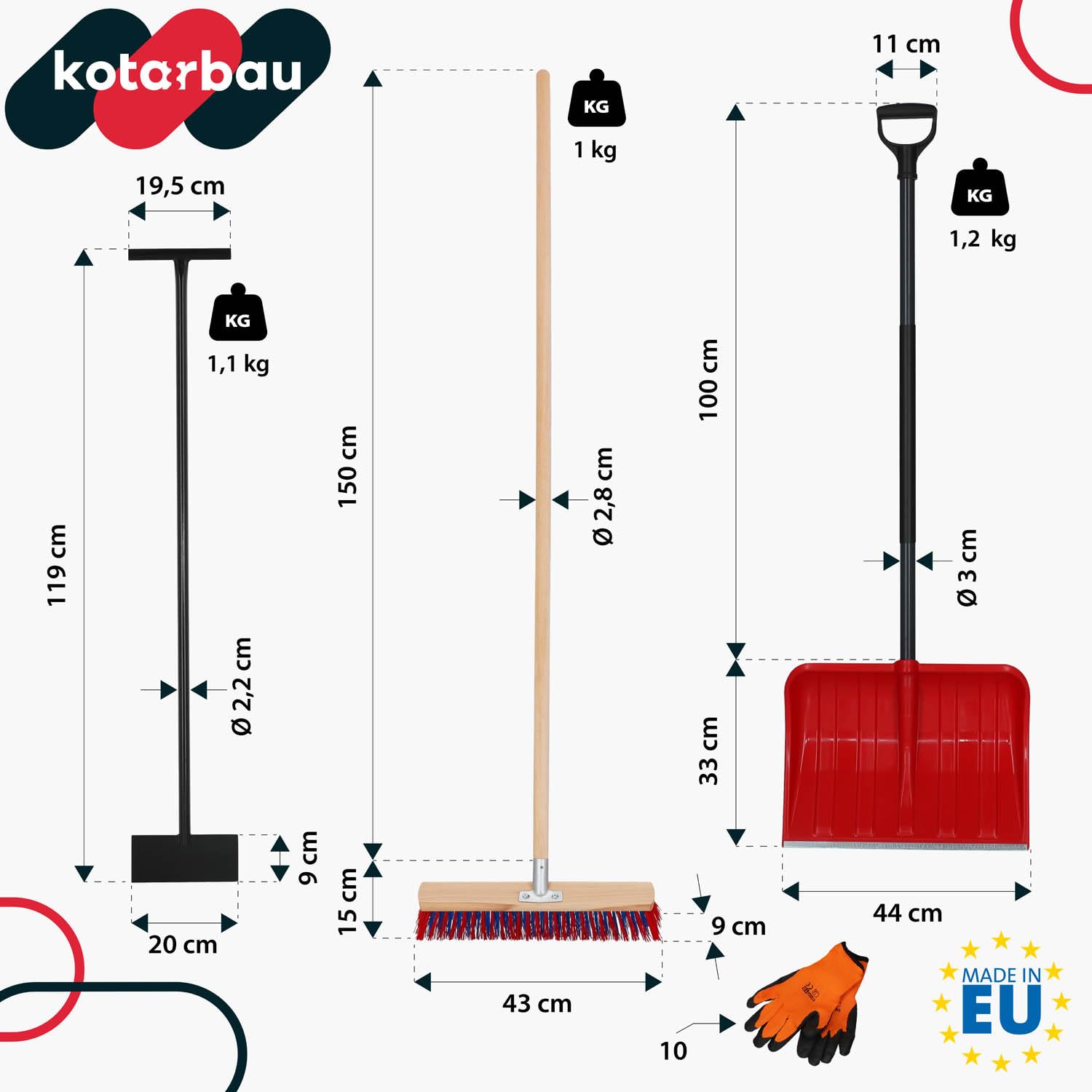 KOTARBAU® Set Schneeschaufel mit Metallgriff 133 cm Straßenbesen mit Stiel 150 cm Eisschaber 119 x 20 cm + Handschuhe Schneeschieber Schneeschaufel Stiel zur Schneeräumung