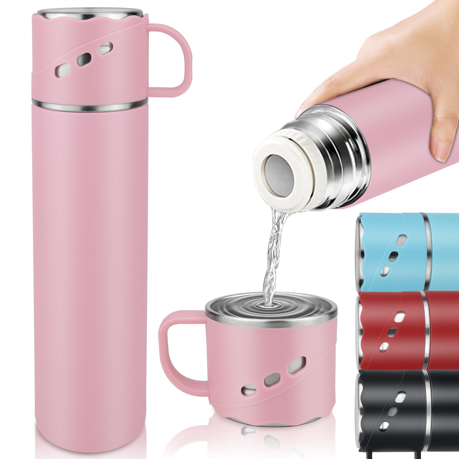 BEIJIE Travel Mug, 550ml Stainless Steel Insulated Hot Water Bottle, Vaccum Thermal Flasks for Hot and Cold Drinks 12h, Metal Water Bottles with Leakproof Cover and Handle, for Kids Men Women - Pink