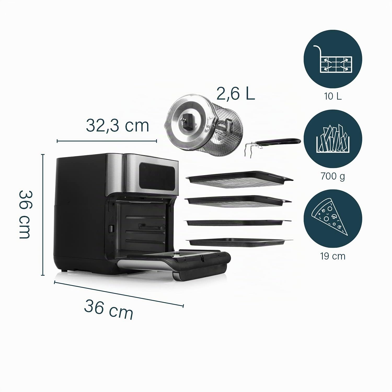 Princess Freidora sin Aceite Horno 10 L con Cesta Giratoria, Airfryer con Convección, 10 Programas, Pantalla Táctil Digital, Acero Inoxidable, Hasta 66,7% Ahorro Energético, 1500 W, 182065