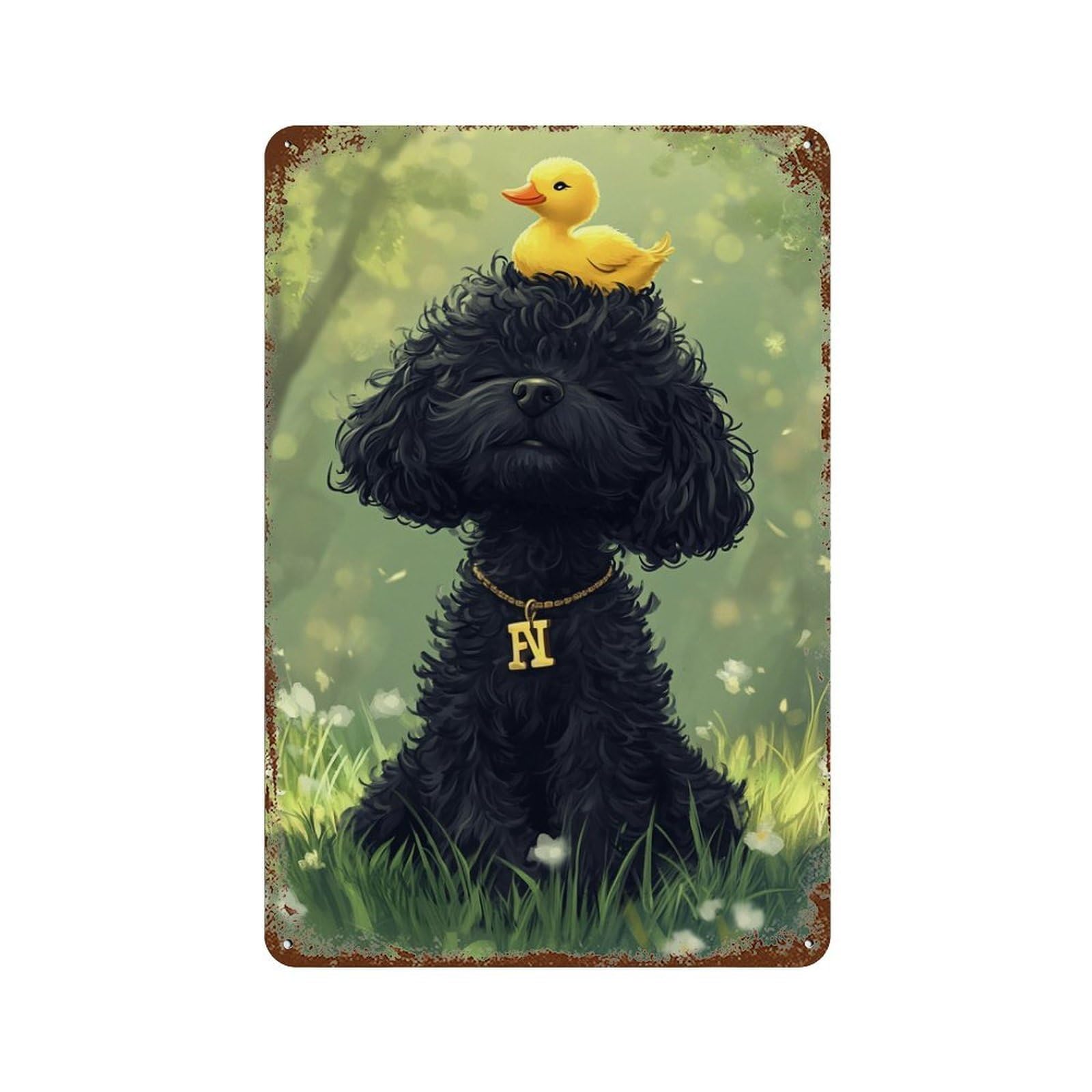 Retro Metal Sign Black Poodle with Yellow Duck 11.8"x7.9", Decorative Metal Wall Art for Pub, Kitchen And Man Cave Decor