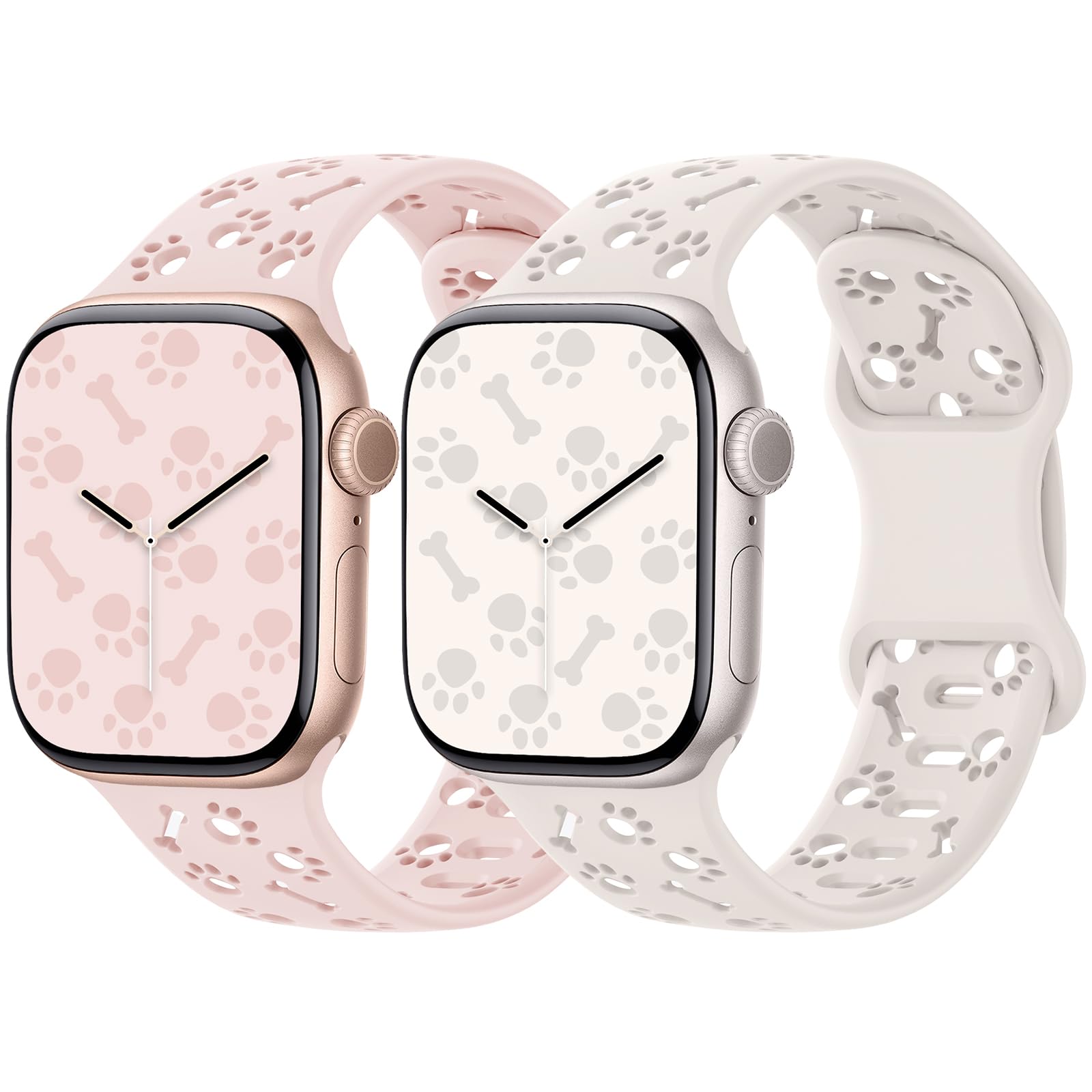2 Pack Silicone Bands Compatible with Apple Watch 40mm 38mm 44mm 45mm 41mm 42mm 49mm Women, Hollow-Out Dog Paw Design Waterproof Sport Strap for iWatch Series 10/9/8/SE/7/6/5/4/3/2/1