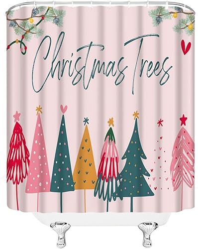 Miniatura 3 de Cortina de ducha de árbol de Navidad, color rosa, verde, estrella de árbol de Navidad, copo de nieve, feliz Navidad, rústico, invierno, vacaciones,