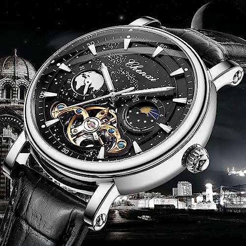 Image of FORSINING Men's Watch Luminous Starry Sky with Moon Phase Tourbillon, Mechanical Automatic Self-wind Fashion Watches, Stainless Steel Case Leather Belt Wristwatch