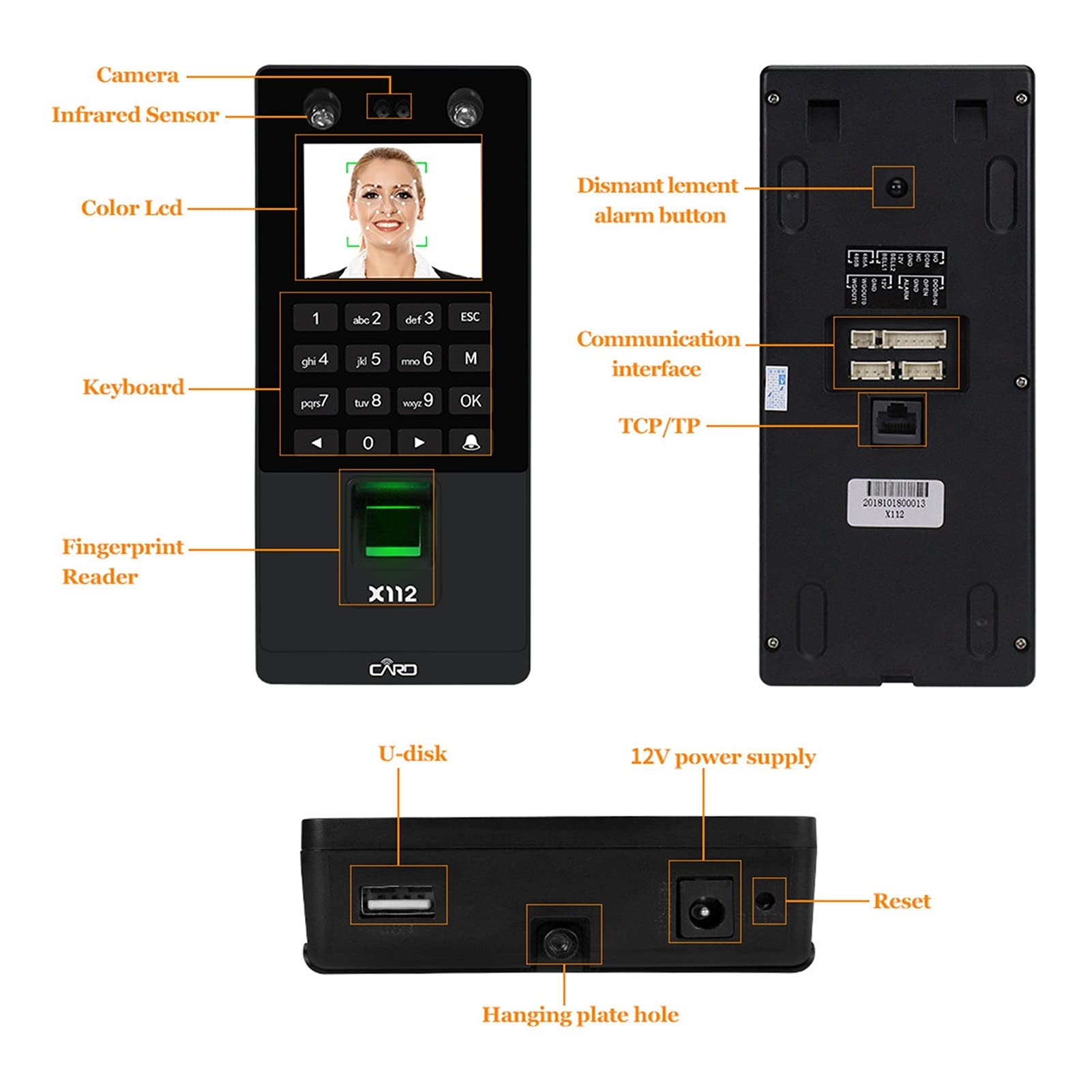 EDEDE Control Horario Empleados, Sistema de Control de Acceso de Puerta de Acceso Facial biométrico Software de Teclado de Teclado Lector de Huellas Dactilares Máquina de Asistencia a Tiempo(X112 K)
