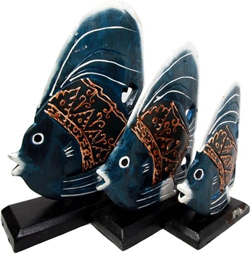 Artesanos de madera hechos a mano "Ikan Teluk" Blue Tropical River Angel Fish Family Set de 3 figuras decorativas de 10.5 pulgadas de alto