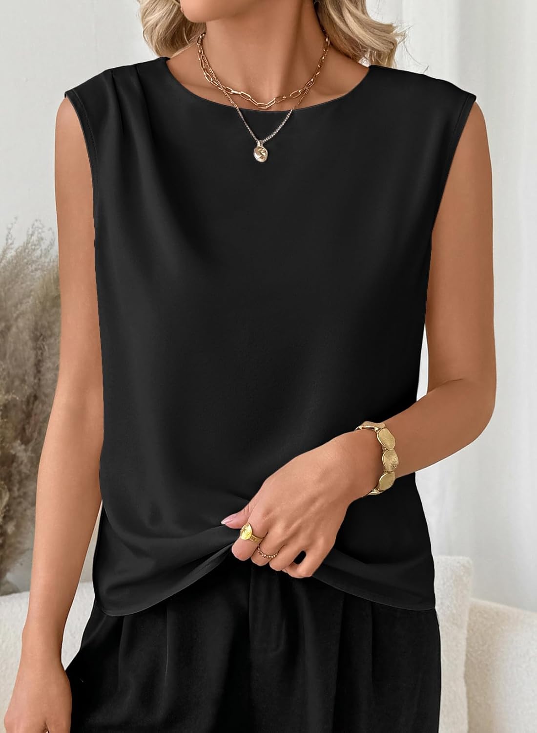 EVALESS Womens Tank Tops Sleeveless Crew Neck Pleated Shoulder Blouses Vest Shirts - Image 6