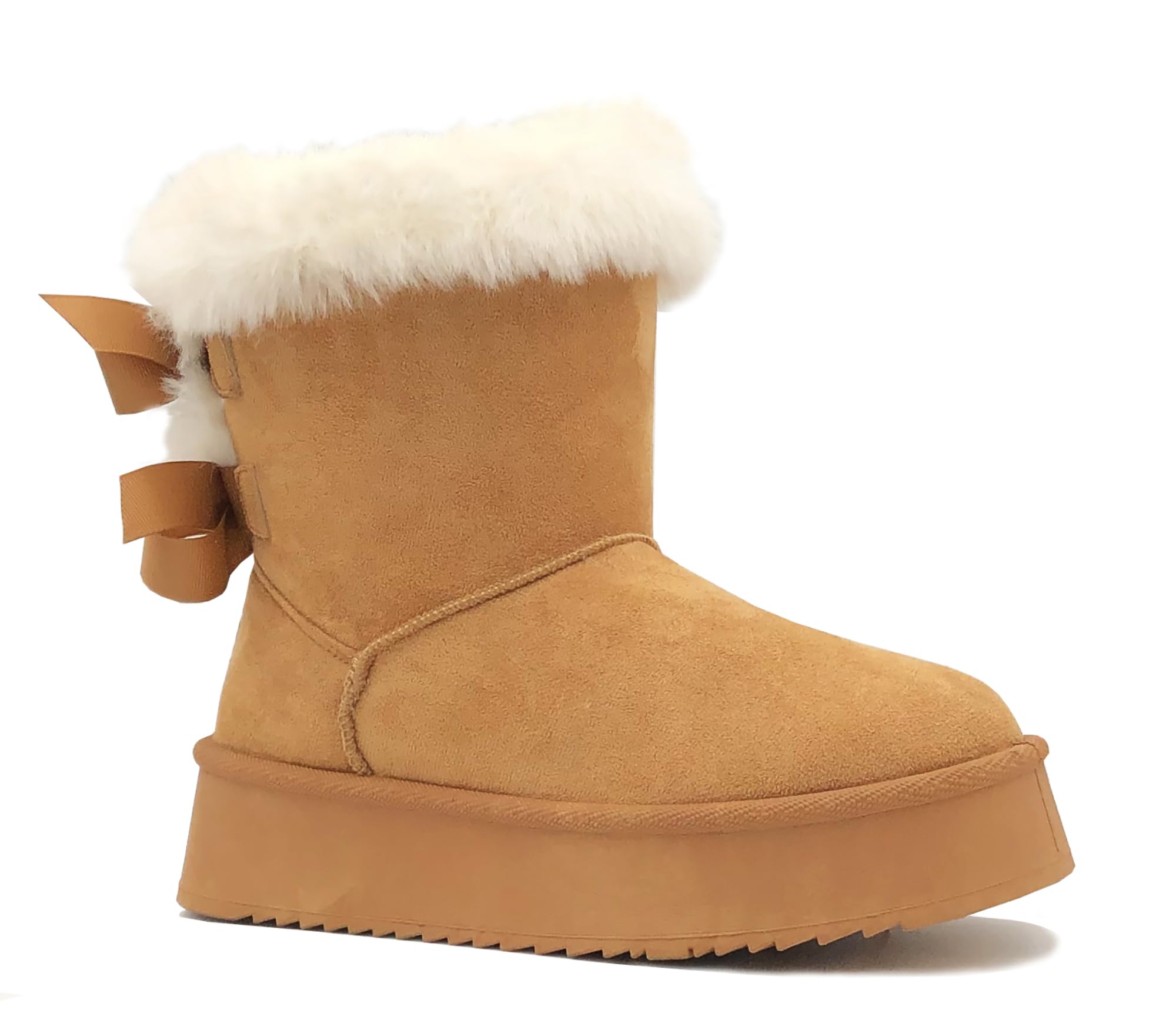 REDVOLUTION Women's Classic Fuzzy Platform Boot Fringe Accent Snow Boots Butterfly Bow-Accent Fashion Boots with Anti-Slip Outsole Outdoor