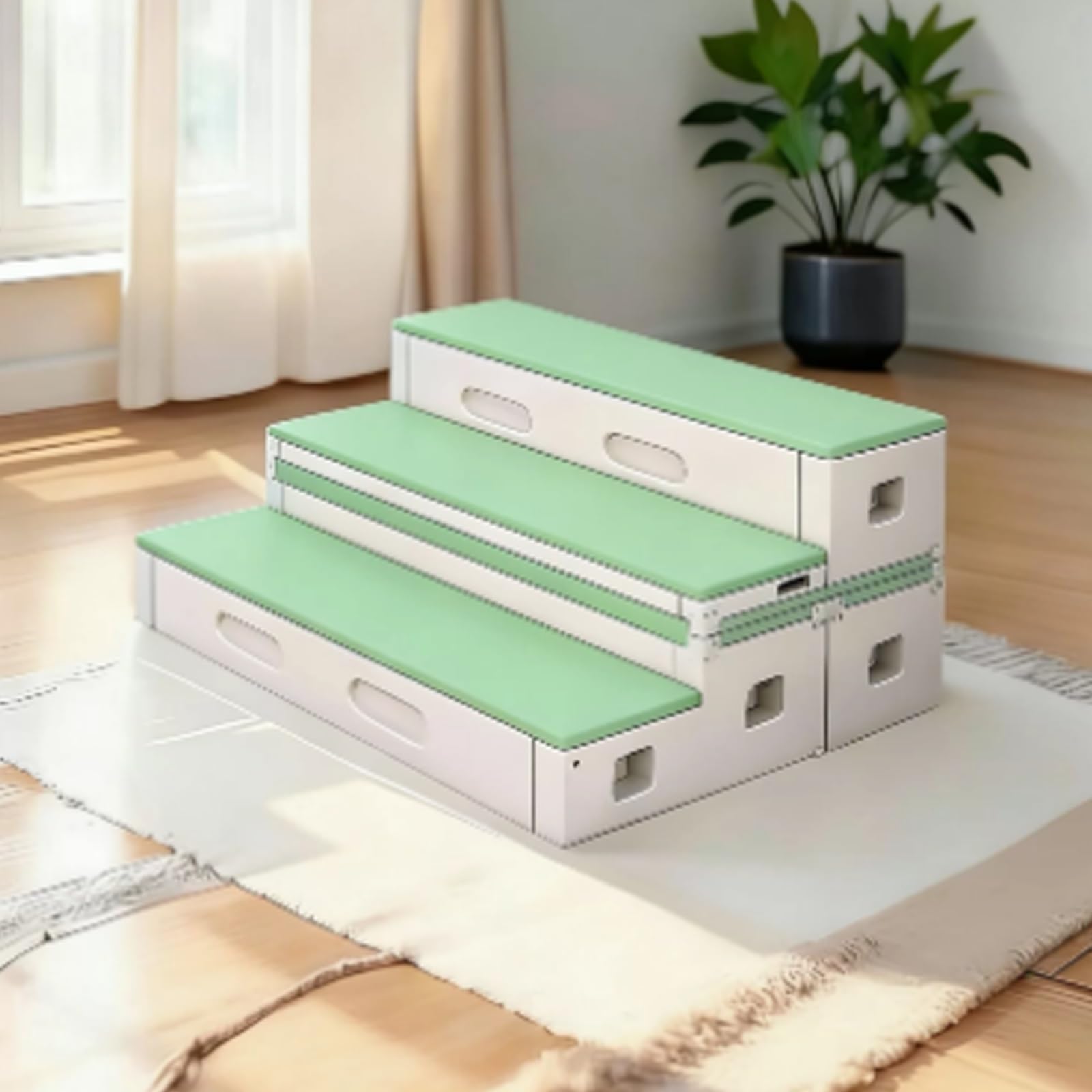New Mobile Flip-Folding Steps, School Music Classroom Three-Tier Dance,Foldable Movable Staircase Step Risers,PE Plastic Choir Stage(Light Green)