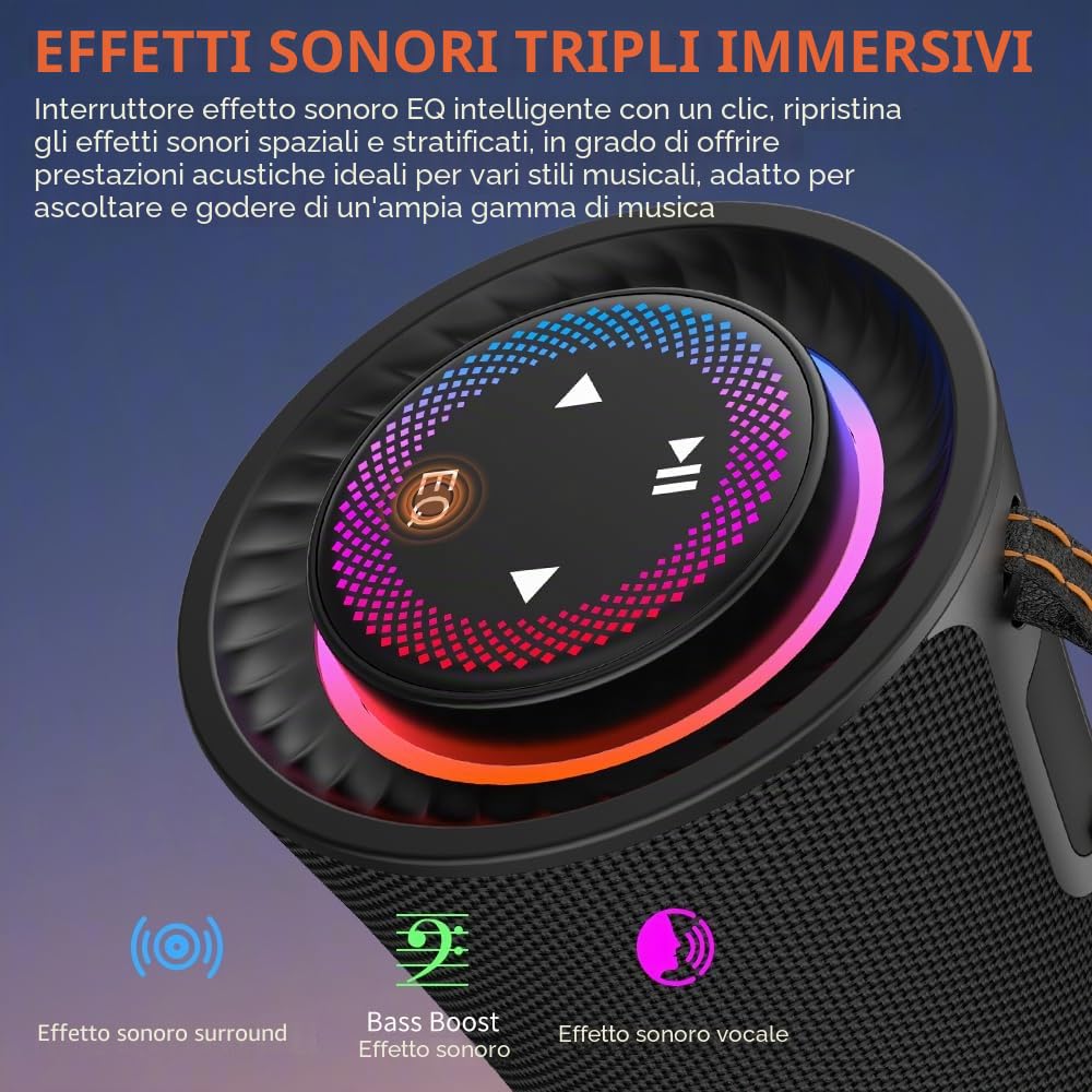 Cassa Bluetooth Portatile, 80W Peak Altoparlante Senza Fili con Bassi Profondi, Suono Stereo 360°, 24 Ore di Autonomia, Maniglia Comoda, Luci Colorate, Associazione Doppia per Casa, Feste, Outdoor