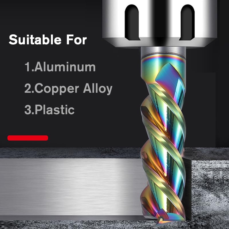 Image of 1 /2 inch Carbide Square End Mill Bits for Aluminum - 1 /2 inch Shank Dia,3'' Oal - 3 Flutes DLC Rainbow Coating - Durable