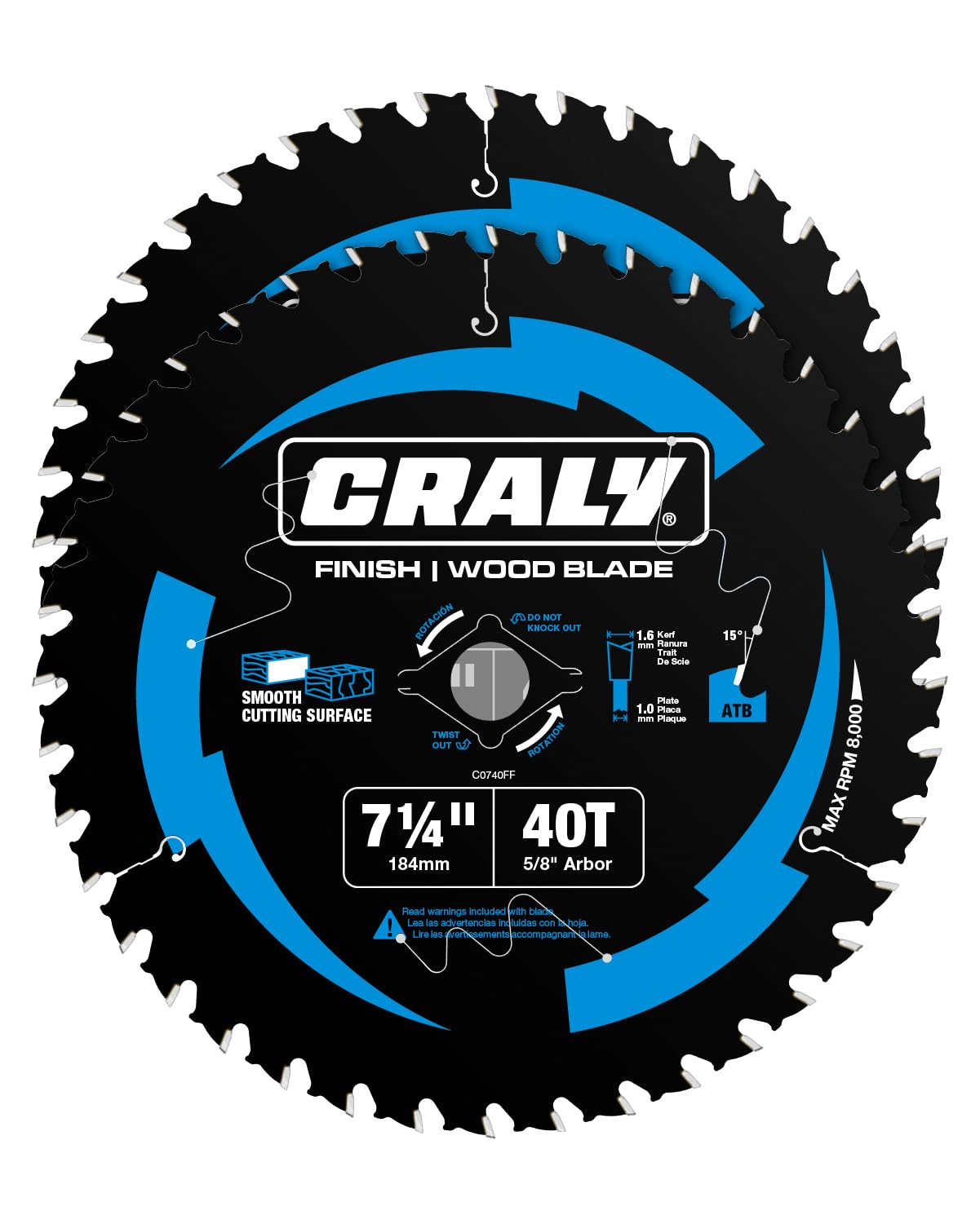 CRALY 7-1/4 Inch 40 Teeth Fine Finish Wood Cutting Circular Saw Blade, 5/8 Inch Arbor, Carbide Tipped, Thin Kerf, Black Ice™, for Plywood, MDF, OSB,