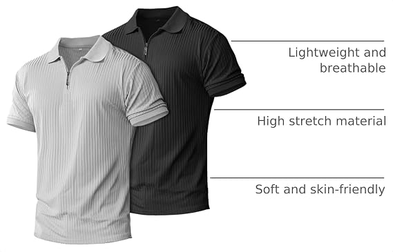 plop 2 Pack Men's 1/4 Zip Muscle Polo Shirt Slim Fit Knit Tee