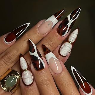 Long Almond Press on Nails Fake Nails with Brown White Striped and Tortoiseshell Design Stick on Nail for Women 24pcs