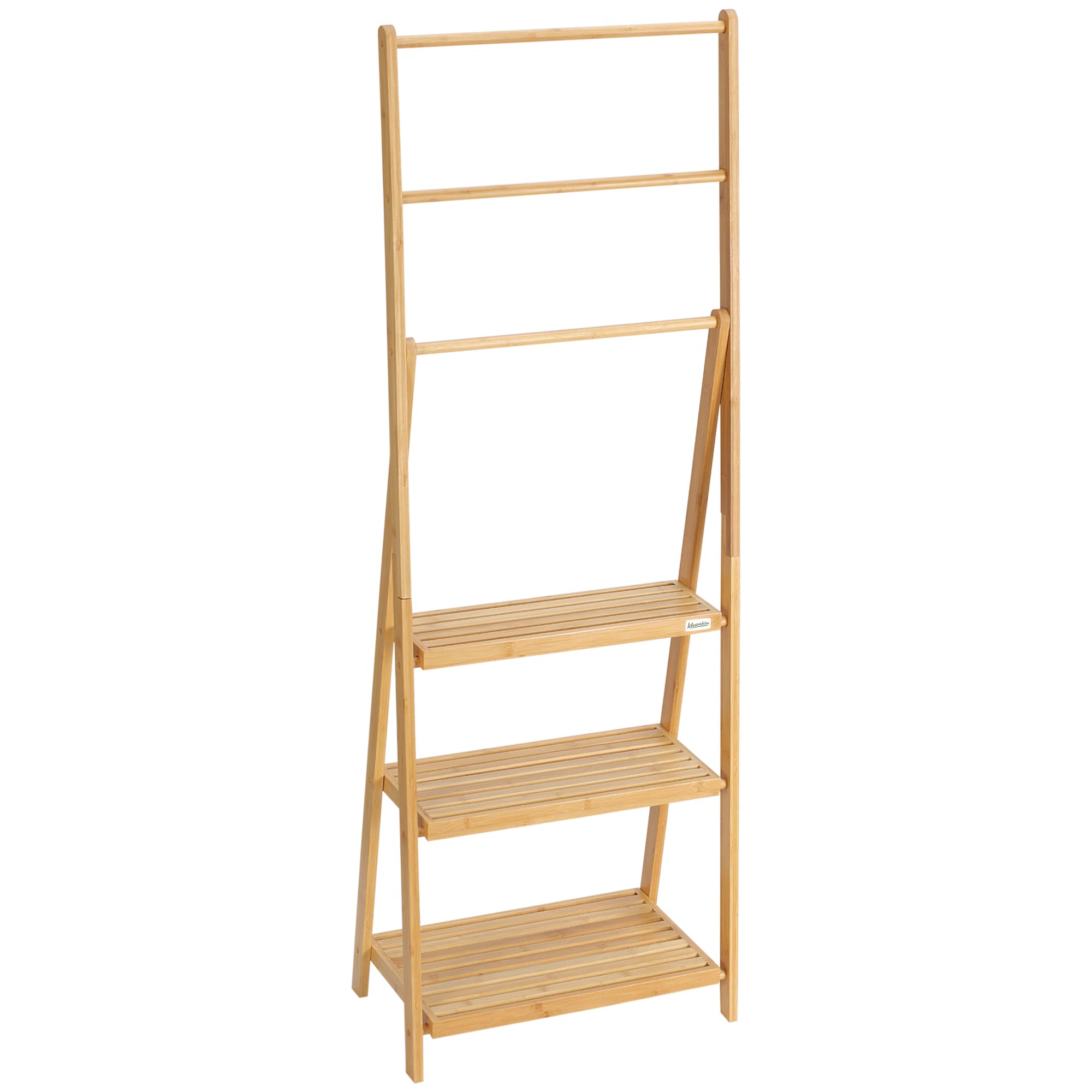 Kleankin Natural Wood Finish Bamboo Towel Rack With 3 Towel Rails And 3 Slatted Shelves, Foldable Towel Holder For Bathroom