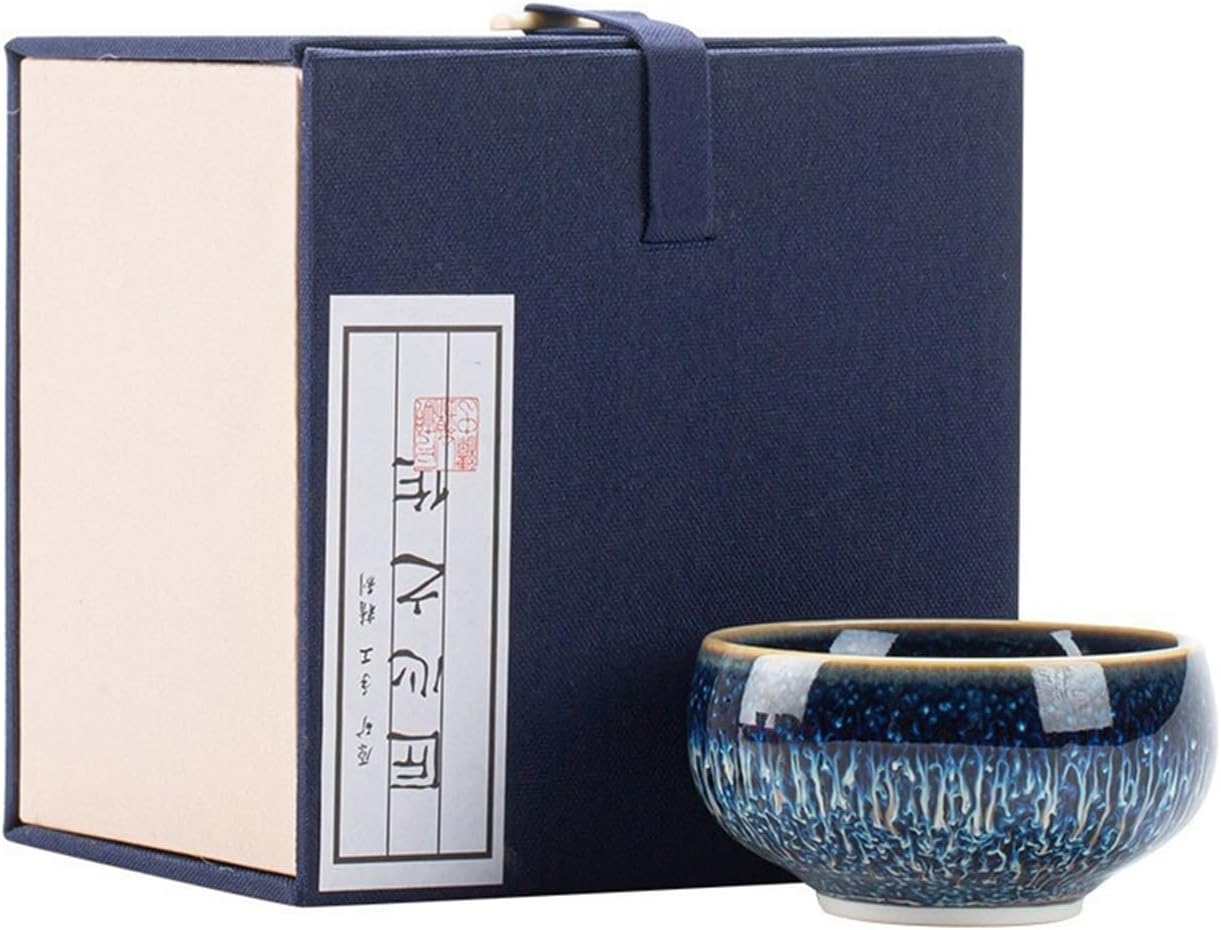 90ml Handcrafted Tianmu Glaze Tea Cup, Kiln-Change Ceramic Tea Bowl with Petal-Shaped Rim, Traditional Chinese Gongfu Master Teacup with Gift Box(Circular)