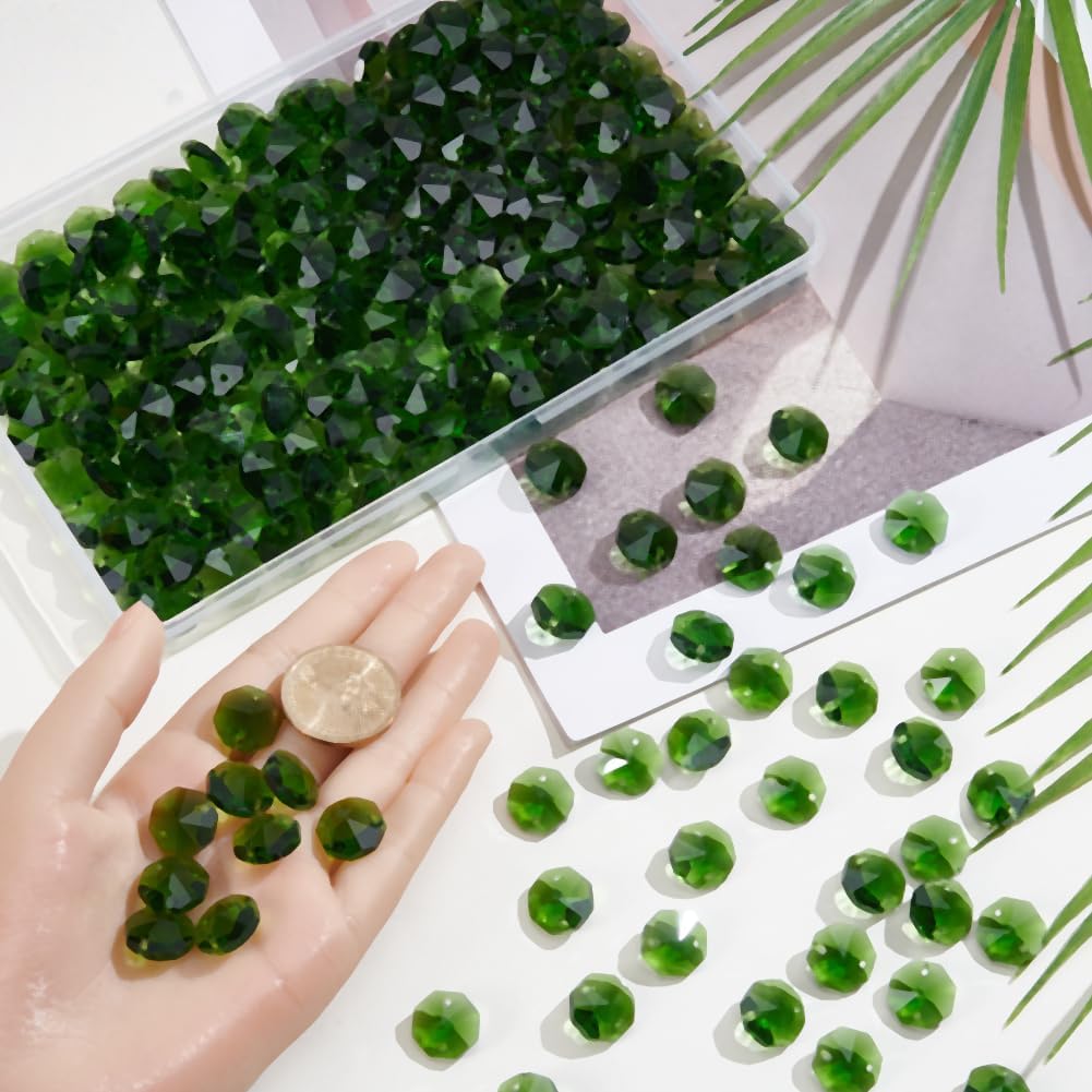 1 Box 240Pcs Green Octagon Glass Bead 2 Hole Prism Crystal Beads Bulk 14mm Chandelier Replacement Parts Links Sun Catcher Faceted Beads for DIY Lamp Hanging Pendant Jewelry Suncatcher Crafts