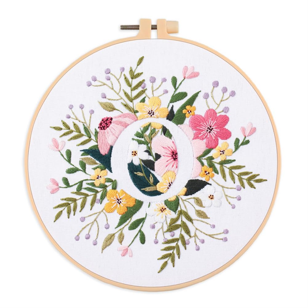 Meecaa Letter O Flower Leaves Plant O English Letters Embroidery Kit Starter Set, Hand Embroidery Set,Pattern Printed Cross Stitch Set For Beginner Adults, With Embroidery Hoop And Instructions (Letter O)