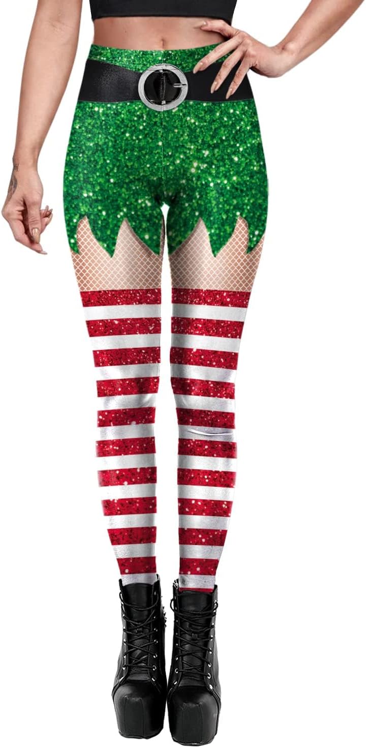 Women's High Waist Christmas Leggings Striped Reindeer Sknowflake Printed Holiday Tights - Image 2