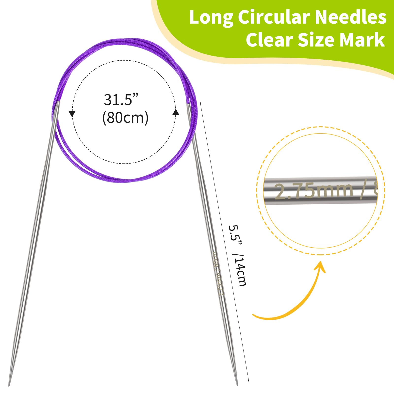 Coopay 2.75mm Circular Knitting Needles 80cm Long, Metal Circular Needles with Flexible Cable - Image 2
