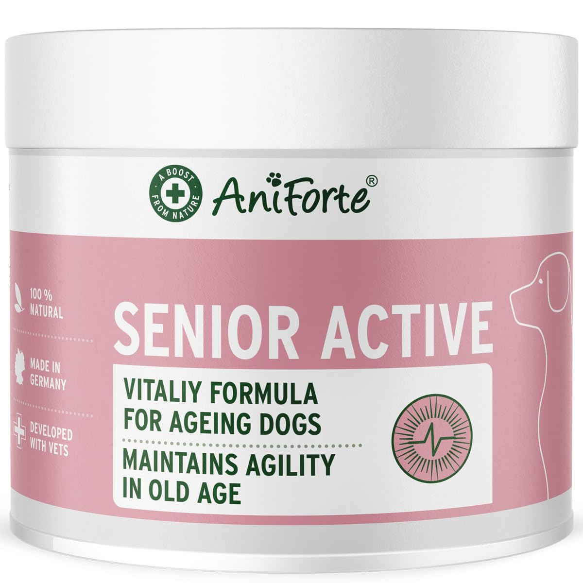AniForte Senior Active en Polvo 250 g para Perros Mayores - minerales y vitaminas para Perros, Ayuda a la Memoria y a la función cardíaca, mejillón de Labios Verdes para la vitalidad y la Agilidad