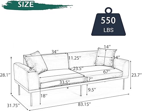 Miniatura 9 de Sofá biplaza moderno de mediados de siglo de 83 pulgadas con almohadas, sofá de terciopelo de 2 plazas con patas de metal para apartamento,
