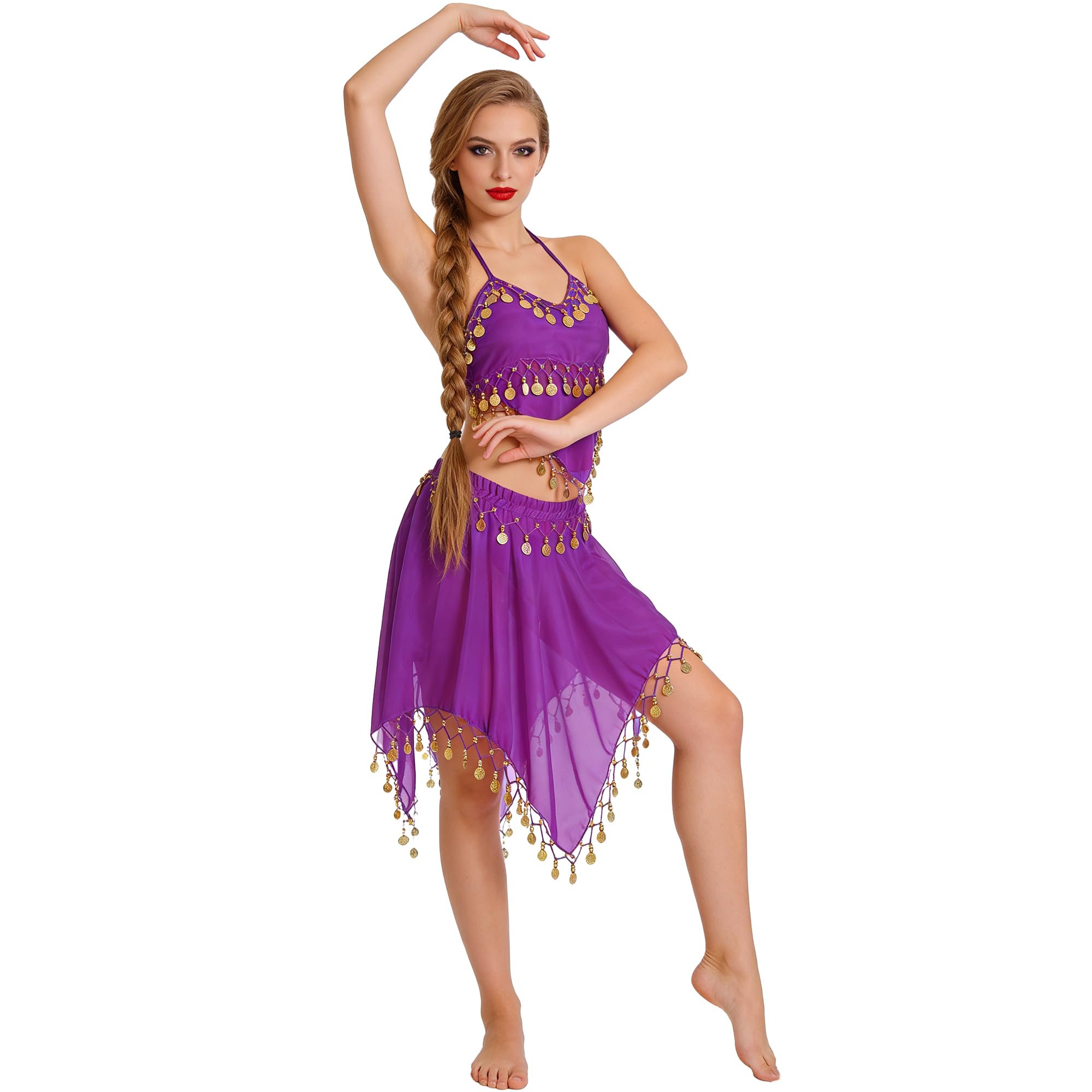 Wildarms Disfraz de Danza del Vientre de Carnaval Mujer Conjunto 2 Piezas Top y Falda con Lentejuelas, Traje Premium para Fiesta y Escenario - Variaciones de Color