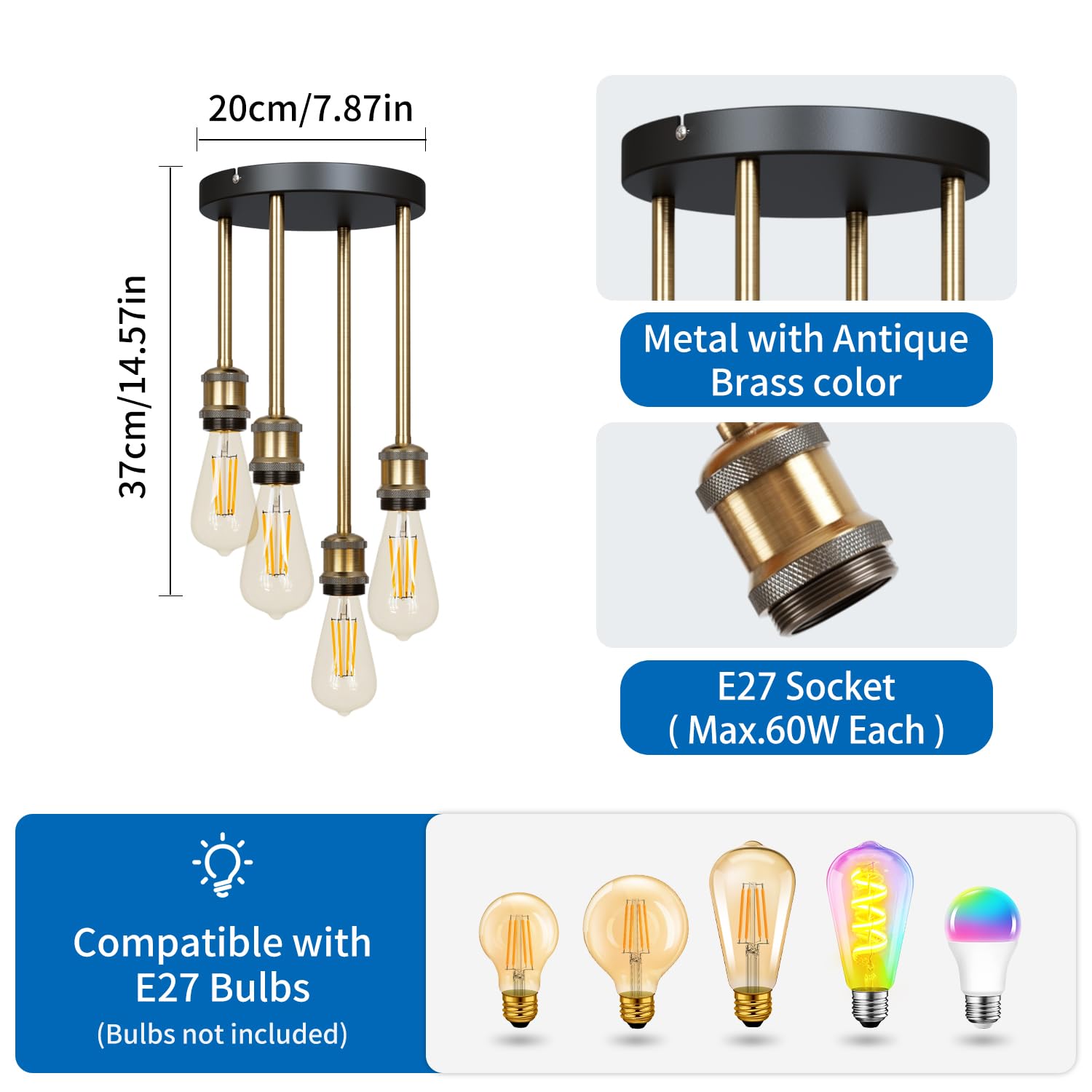 ANWIO Lampadario a Sospensione E27, Lampada da Soffitto Industriale Vintage Nero, Lampadari Cucina 4 Luci，Lampadario Moderno Per Soggiorno, Sala da Pranzo, Camera Da Letto(Senza Lampadina)