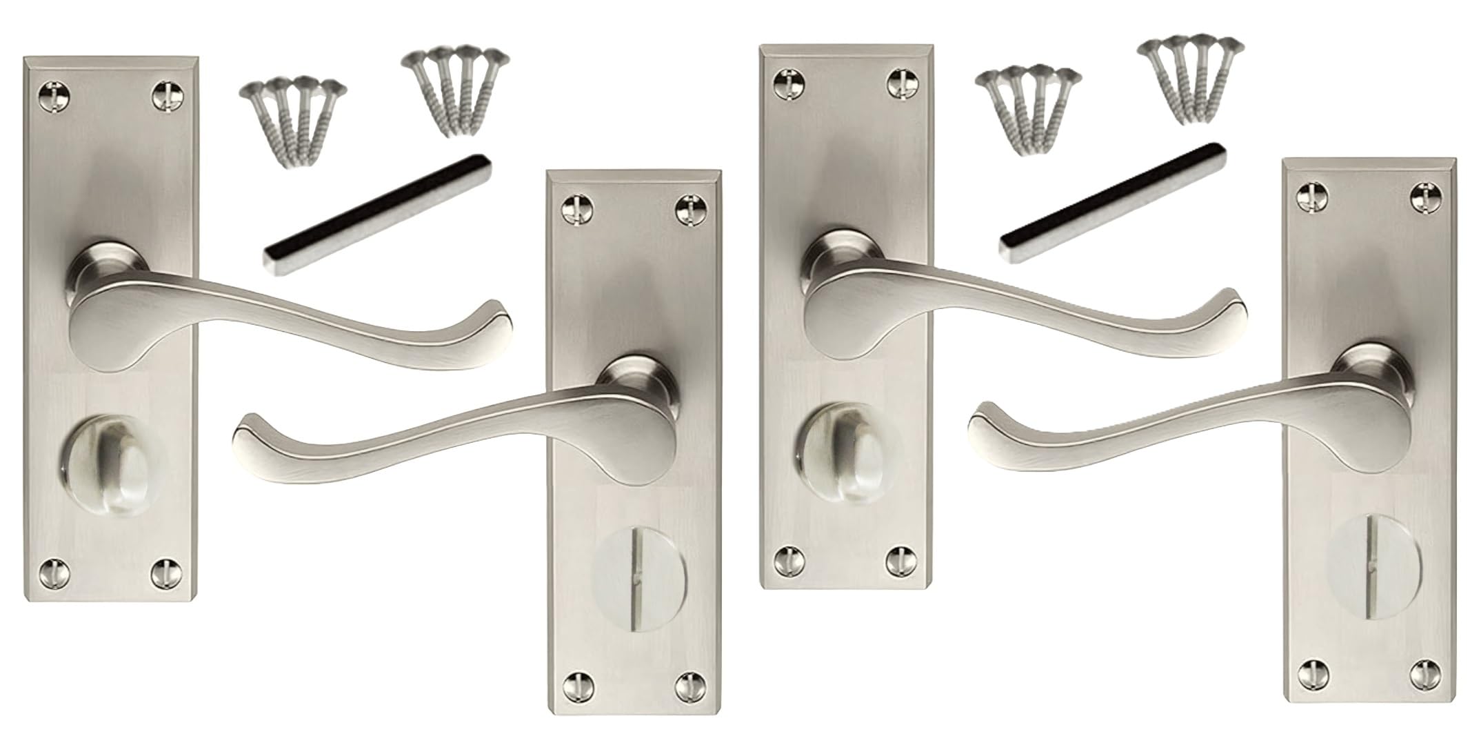 Epsom Door Handle Victorian Scroll Satin Nickel Privacy Bathroom Door Handle Set Satin Door Handles with Privacy Lock 2 Sets with Tubular Latch for Interior Doors (2 Pair of Bathroom Handles)