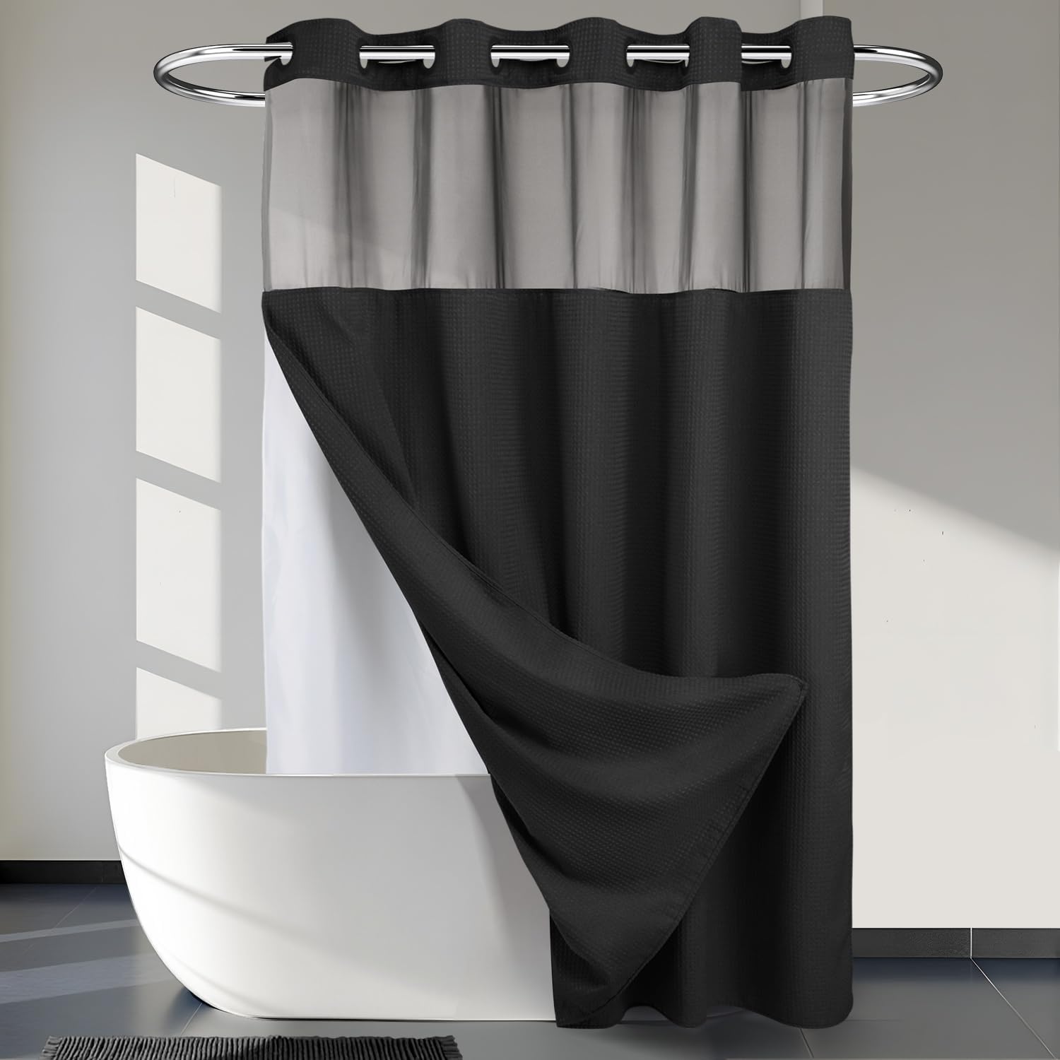 Black Shower Curain No Hooks Dotted Waffle Weave Shower Curtain with Snap in Liner – 71W x 74H,Hotel Grade,Spa Like Bath Curtain Set
