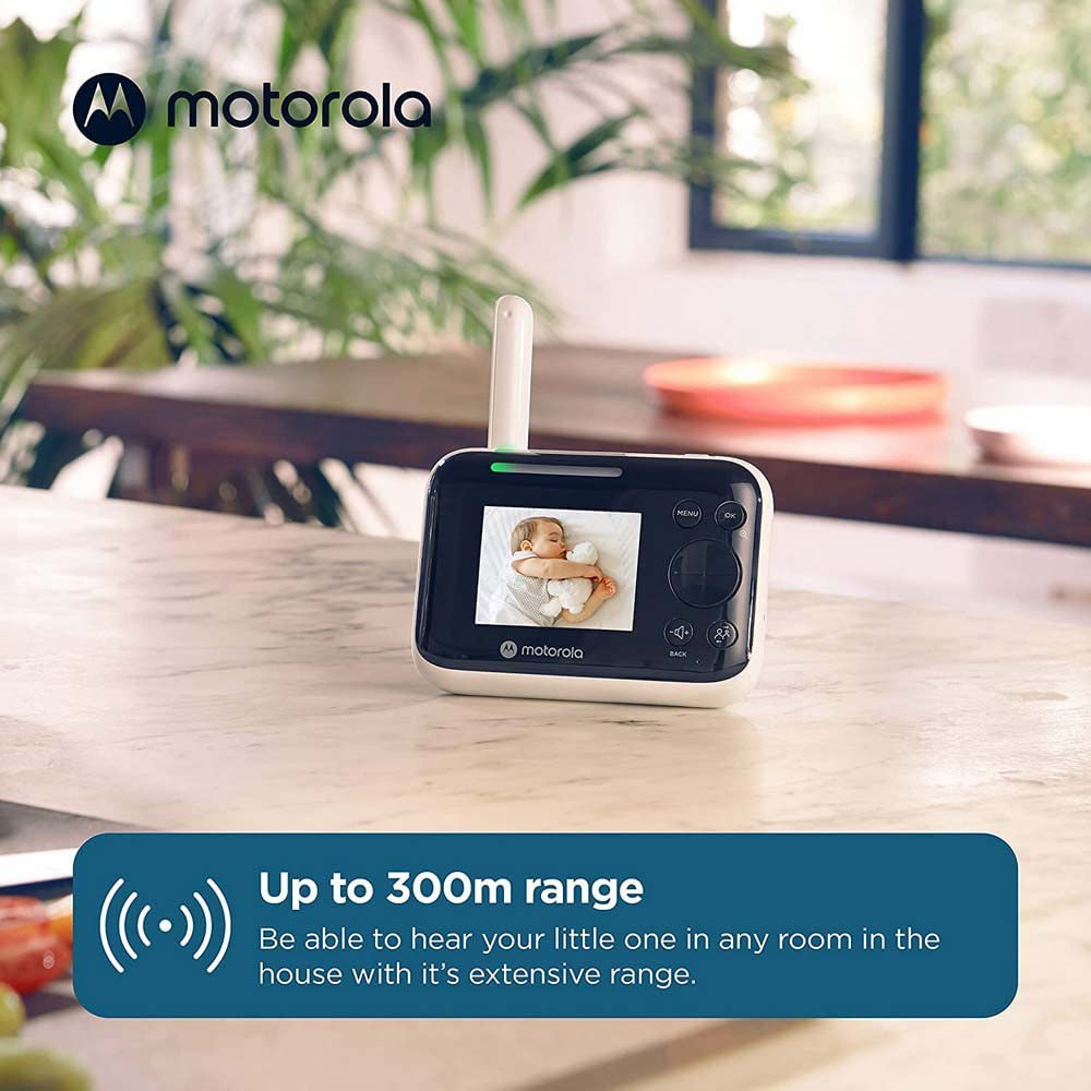 Motorola Nursery PIP1200 elektroniczna niania z kamerą, 2,8", 2-drożna komunikacja, temperatura pokojowa, widoczność w nocy na podczerwień, zasięg 300 m, biała/czarna