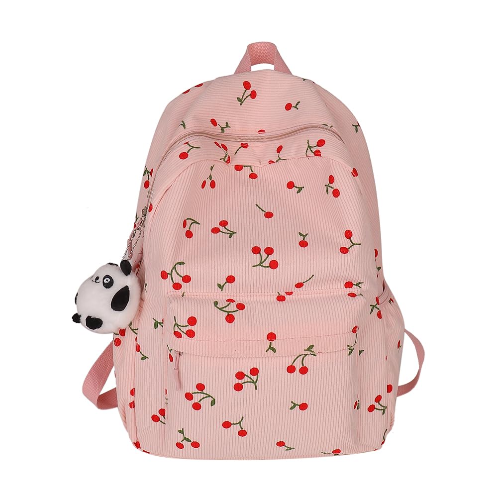 ALINUOYQ Cute Cherry Print Preppy Bag Large Corduroy Bookbag Lightweight 17-In Laptop Bag Women Travel Aesthetic Backpack