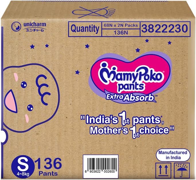 MamyPoko Pants Extra Absorb Baby Diapers, Small (S), 136 Count, 4-8kg