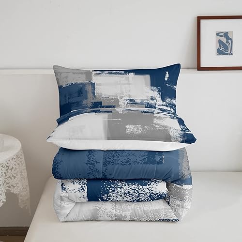 Miniatura 5 de Juego de edredón de acuarela azul marino, tamaño Queen, juego de ropa de cama con grafiti gris y blanco para niños y niñas, relleno de edredón de
