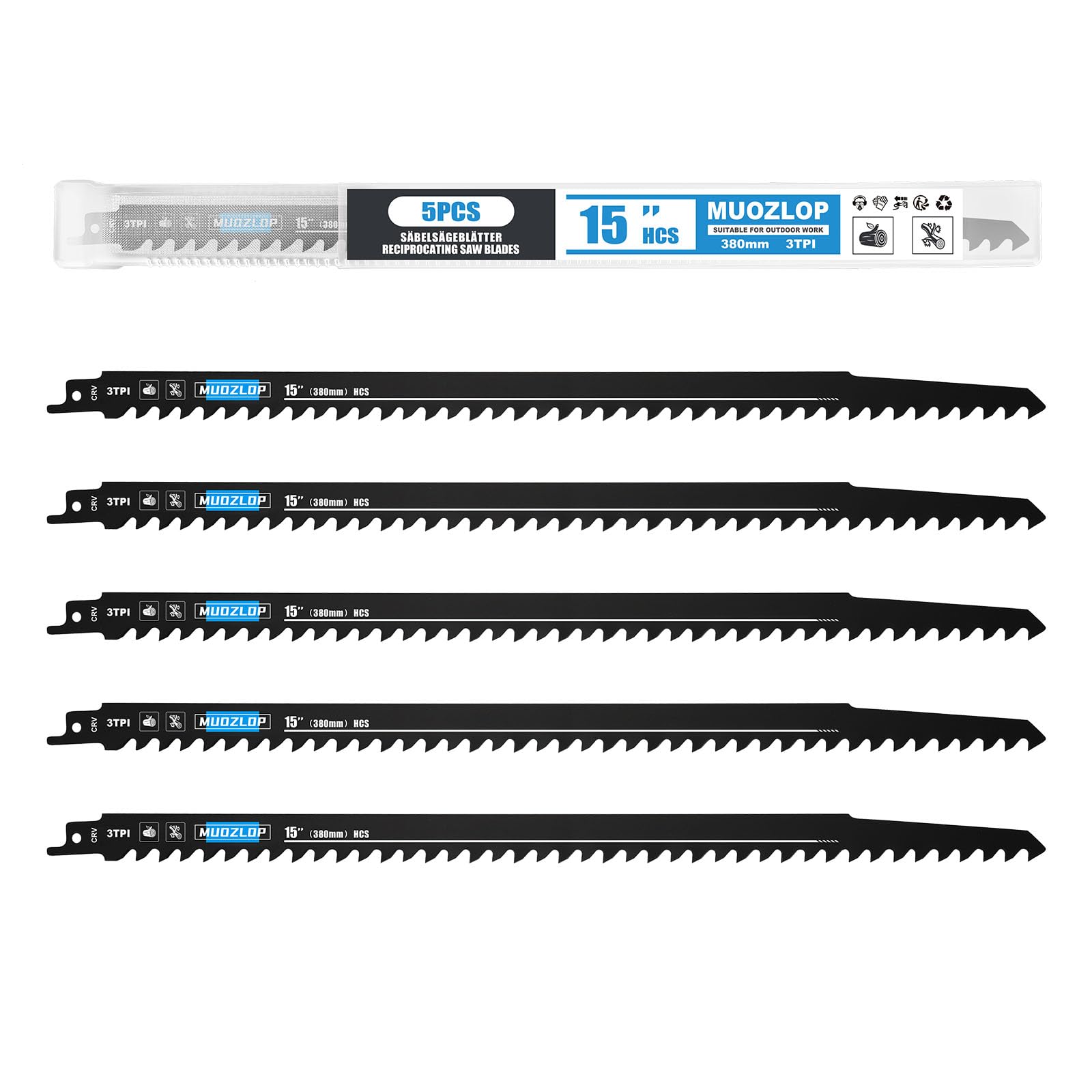 MUOZLOP 3TPI 5Pack 15inch（380mm) High Carbon Reciprocating Saw Blades Set