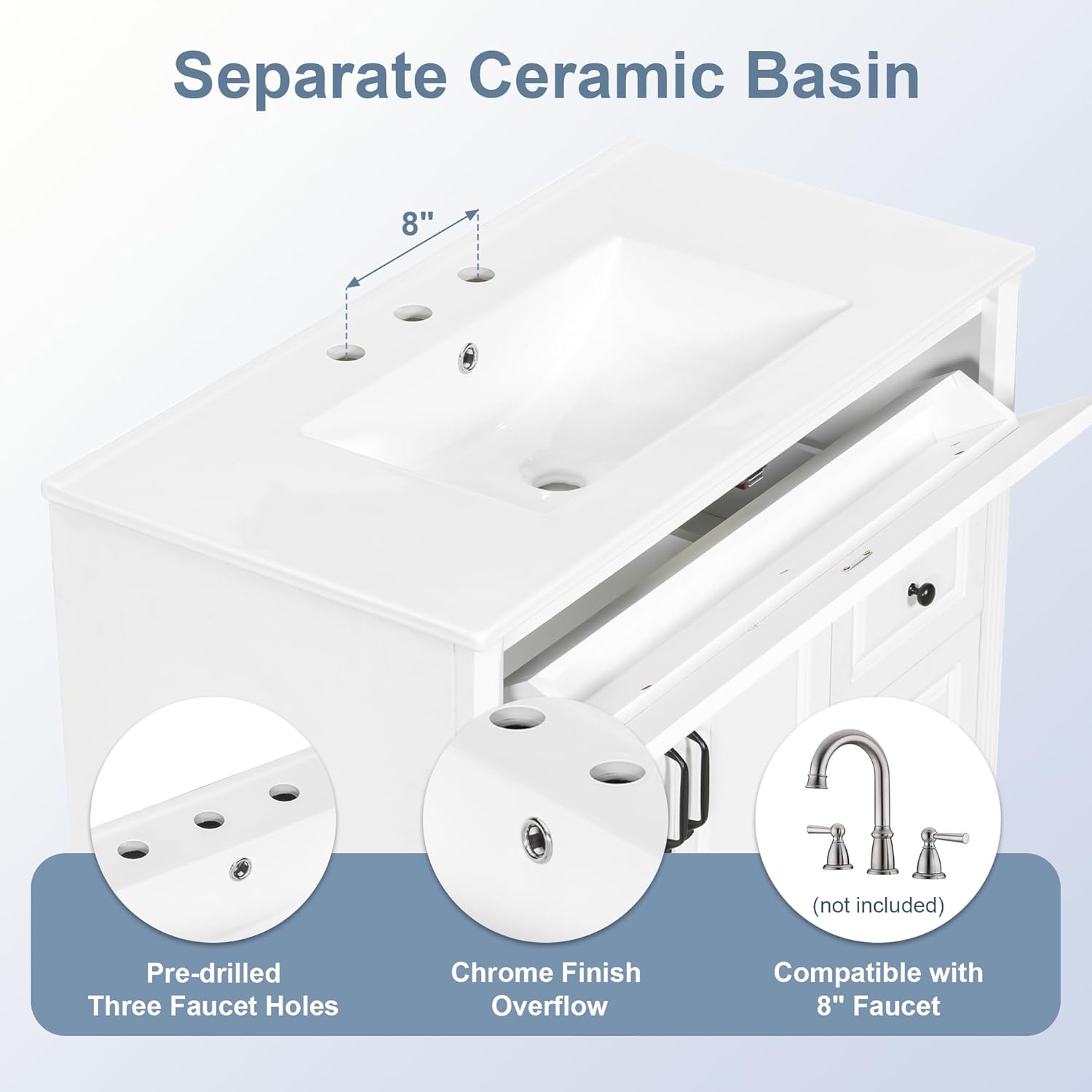 36" Bathroom Vanity Cabinet with Ceramic Countertop Sink Combo Set, Solid Wood Frame, Tilt-Out Drawers and Three Right Side Drawers, Soft Closing Door Hinges, Vintage Style, White