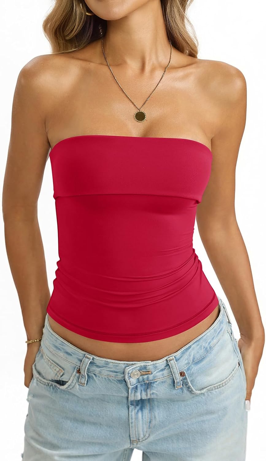 Womens Double Lined Tube Tops Non Slip Bandeau Strapless Shirts Slim Fit Sexy Going Out Tank Tops Summer 2026 - Image 2