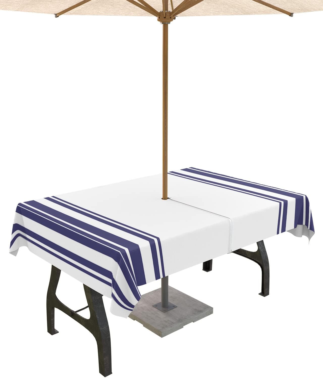 Navy Blue Stripes Outdoor Rectangle Tablecloth with Umbrella Hole 60x102,Wrinkle Free Wipeable Fabric Table Cloth Waterproof Zippered Cover for Camping Patio Party,White Abstract Modern Geometric Art