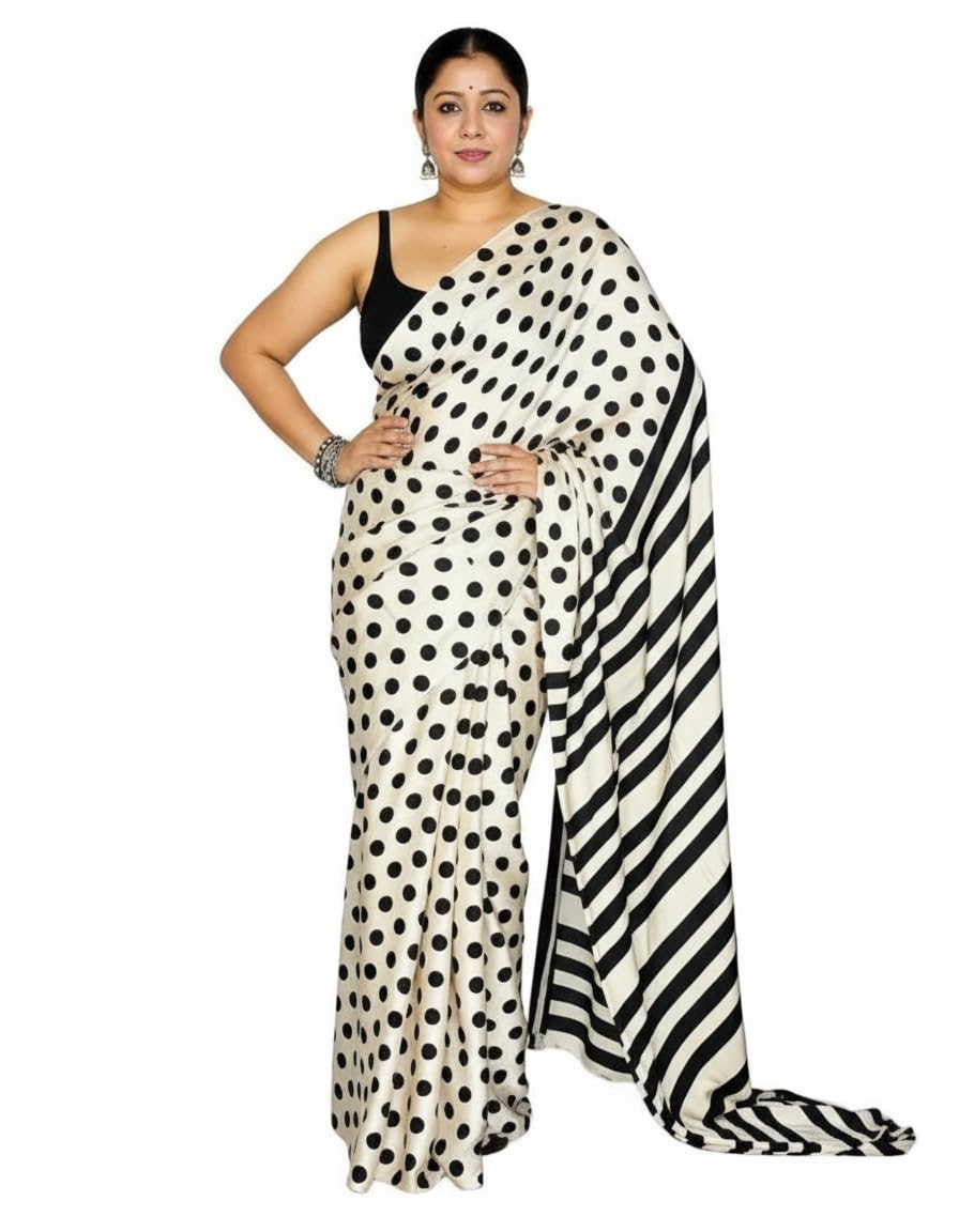 Designer Polka Dot and Striped Digital Print Saree, Original Model Silk, 6.30 Meter with Blouse Piece, Black and White-image-32