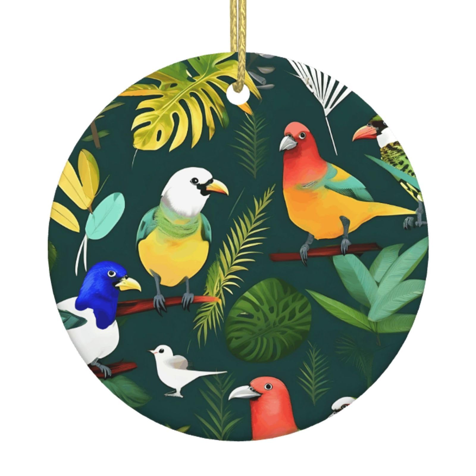 Tropical Birds And Plant Leaf Print Christmas Ornaments, Ceramic Hanging Ornament, Round Shape Decorations