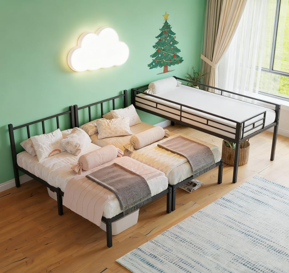 Three individual twin beds, separated from the triple bunk bed configuration.