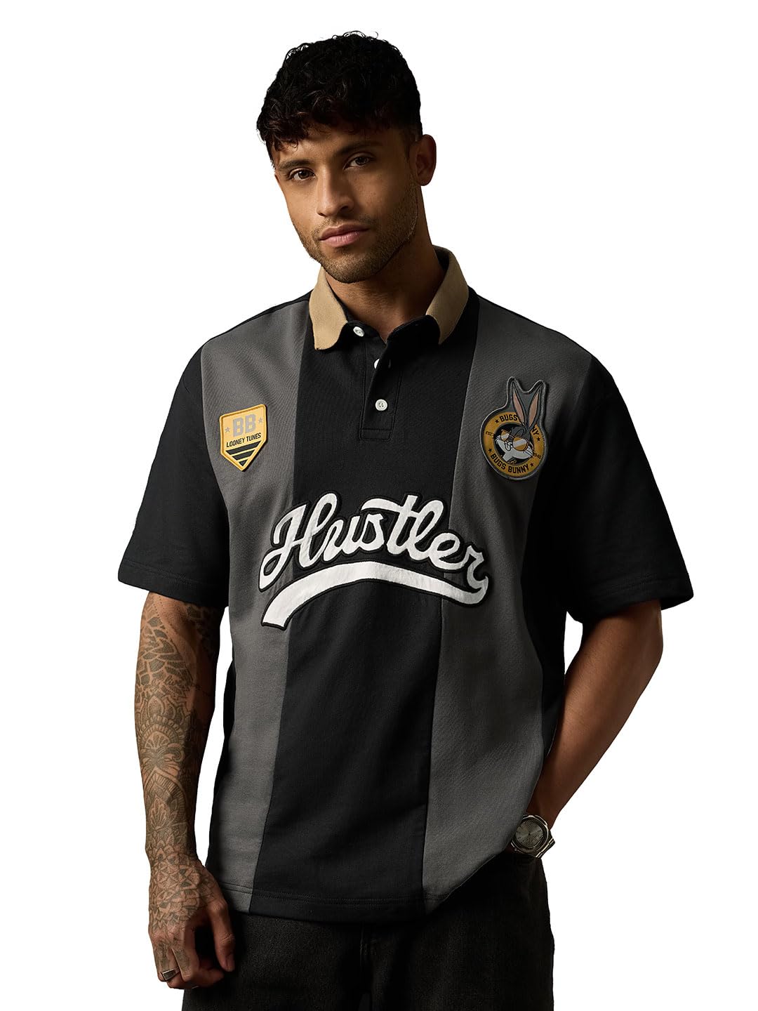 the souled store Looney Tunes: Let's Hustle Men and Boys Short Sleeve Spread Collar Black Graphic Printed Cotton Streetwear Casual Oversized Polos-picture-22