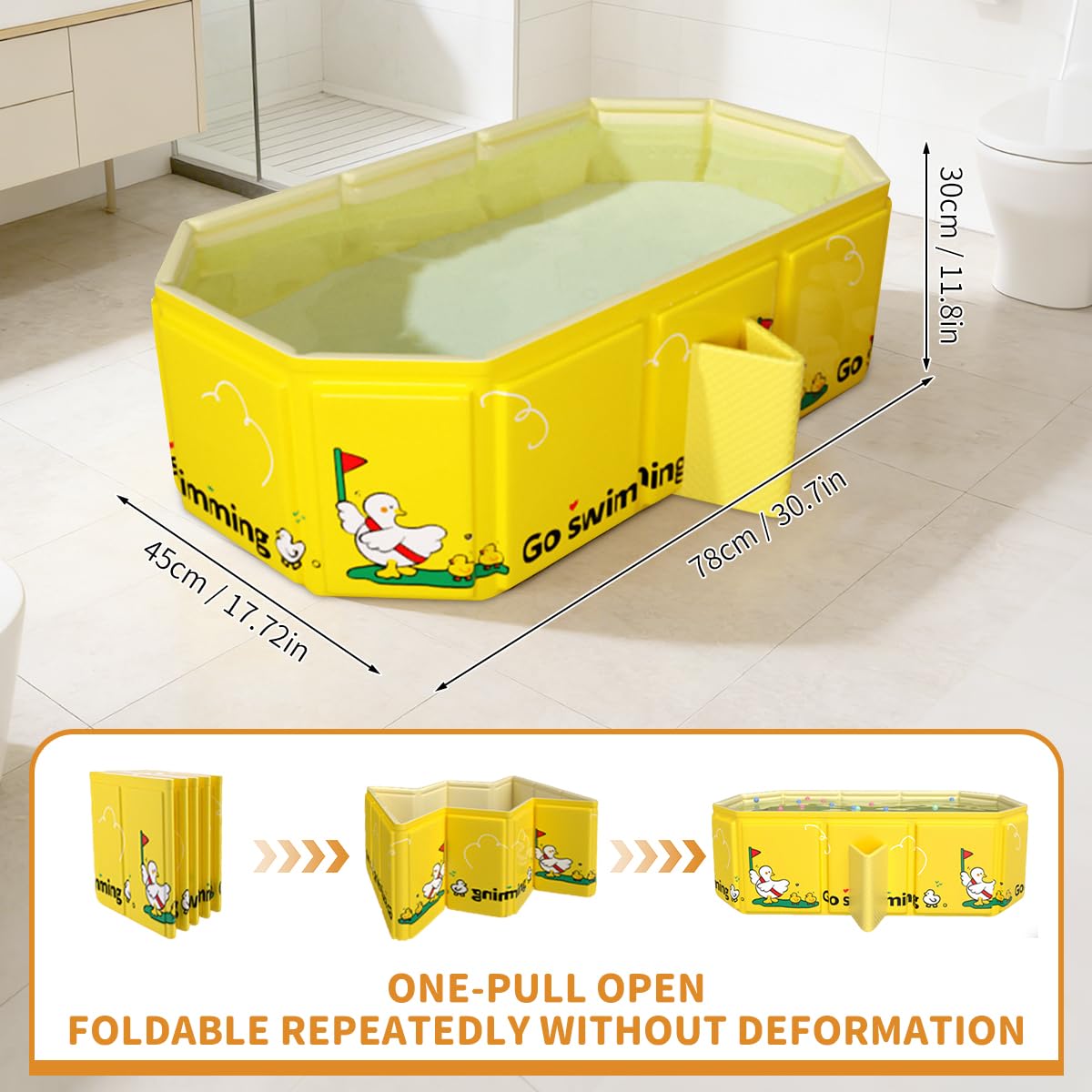 Bañera plegable para Niños, Bañera Grande para Niños Pequeños,Bañera Portátil con Juguetes para Niños,Trae 5 pelotas oceánicas y 2 patitos de goma gigantes (Amarillo) — view 6