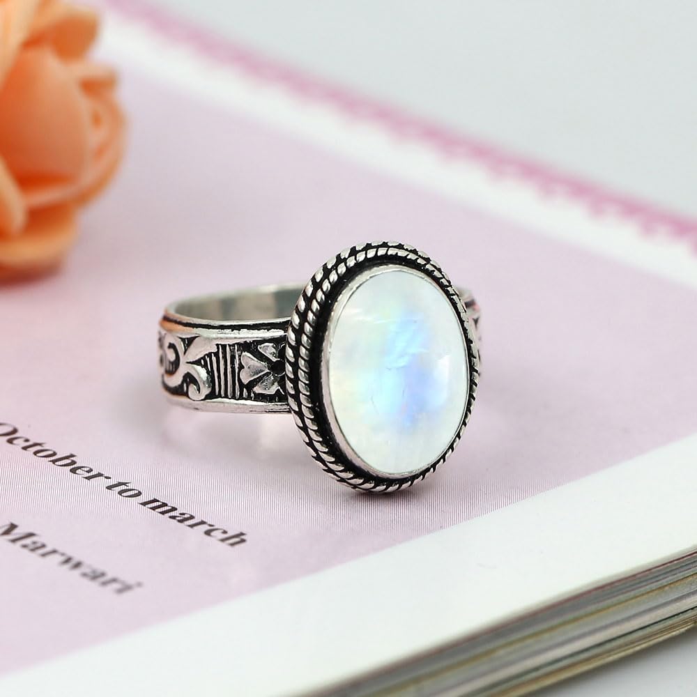 Natural Moonstone/Labradorite/Turquoise/Lapis/Amethyst Oval Shaped Gemstone Solitaire Statement Rings for Women - 925 Silver Overlay Vintage Style Birthstone Ring Jewelry Gifts for Mom Wife Her - Image 6